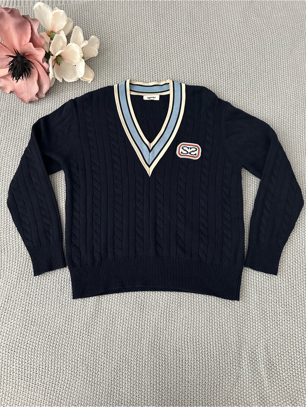 Sandro Collegiate Monogram V-neck Sweater Size Small